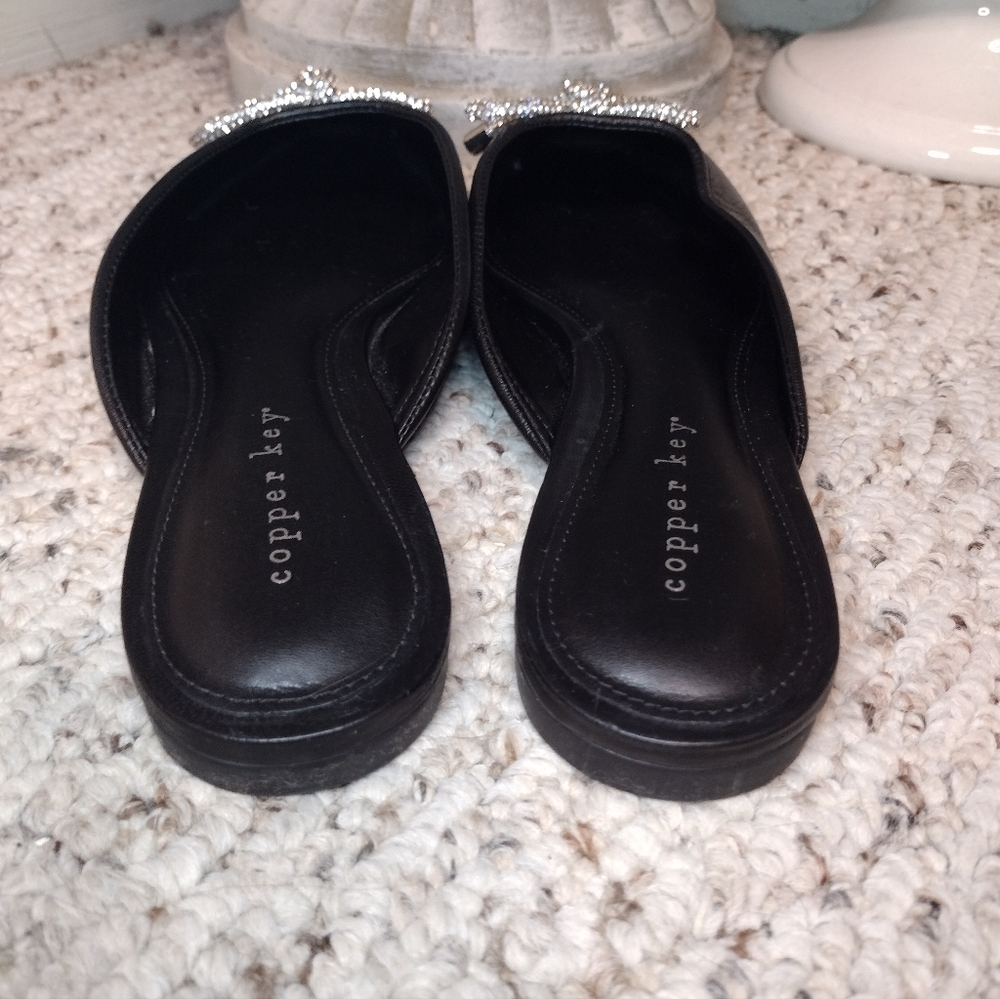 Copper Key Glimmer Black Leather Slip-On Mules with Rhinestone Bow Accent - Picture 6 of 8